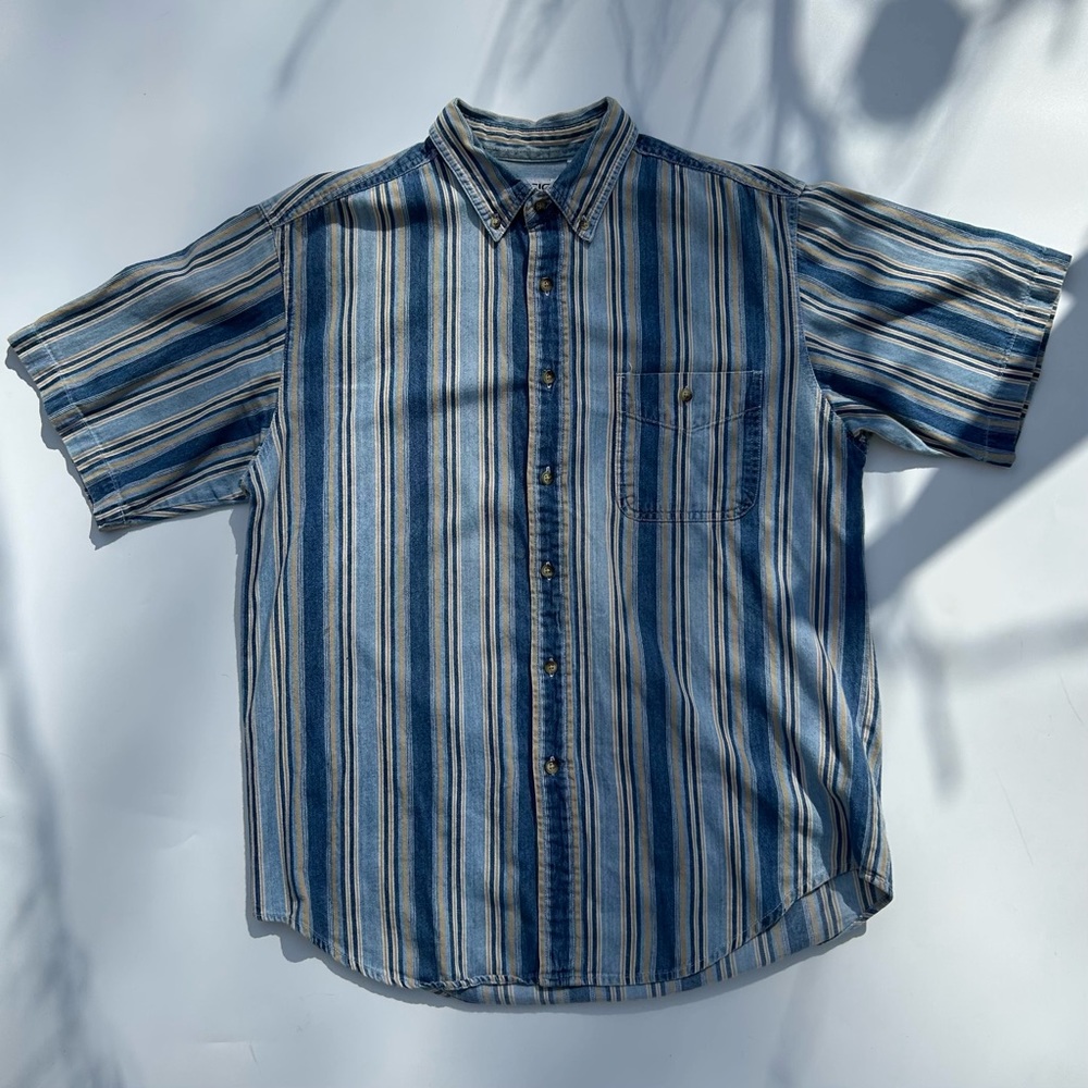 Vintage Striped Denim Button Down Short Sleeve Shirt